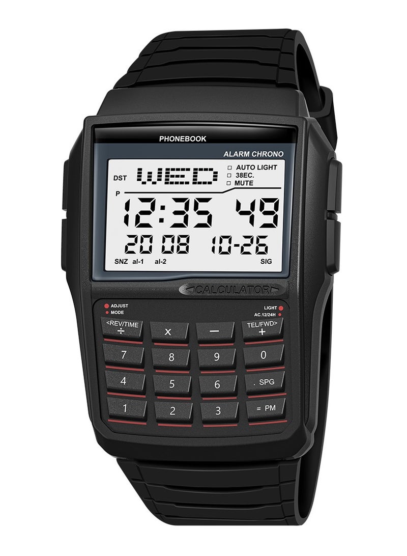 إيه آن د دبليو ساعة حاسبة رجالية – ساعة إلكترونية رقمية بشاشة LCD بتصميم ريترو، قاعدة بيانات ودفتر هاتف، 5 منبهات، توقيت مزدوج، نظام 12/24 ساعة، إضاءة تلقائية، مقاومة للماء 3ATM، هدية بتقنية كلاسيكية - Image 1